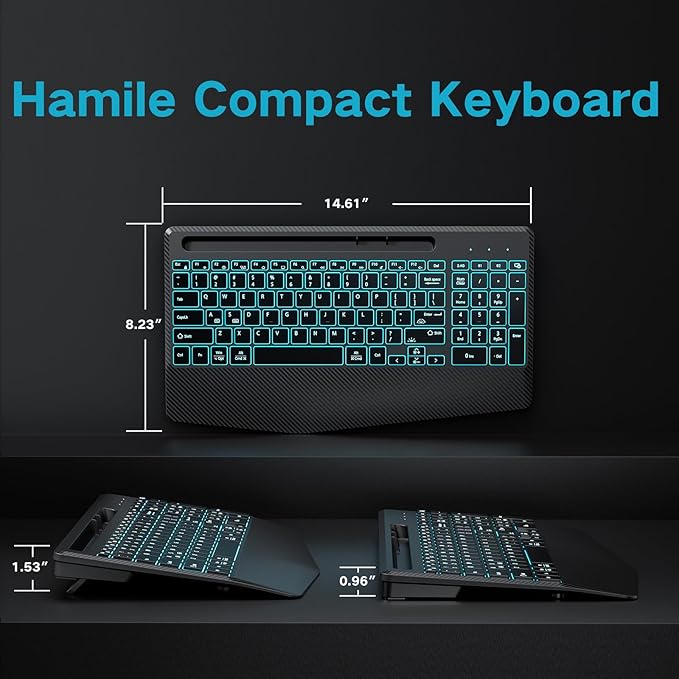 Hamile 2.4G&Bluetooth Wireless Keyboard - Light Up Keyboards with Wrist Rest - 8 Backlit Effects - Slim Rechargeable Silent with Holder for Windows, Mac, Black