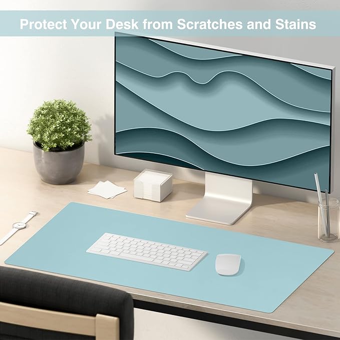TOWWI Dual Sided Desk Pad, Large Desk Mat, Waterproof Desk Blotter Protector Mouse Pad, Leather Desk Pad Large for Keyboard and Mouse (24" x 14", Blue/Silver)