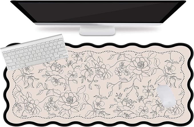 L-SPOUTTO Vintage Floral Mouse Pad,Aesthetic Scalloped Desk Mat XXL Large Gaming Mousepad,35.4x15.7in Non-Slip Keyboard Pad Waterproof Desktop Mat for Laptop Computer Work Game Home Office- Beige