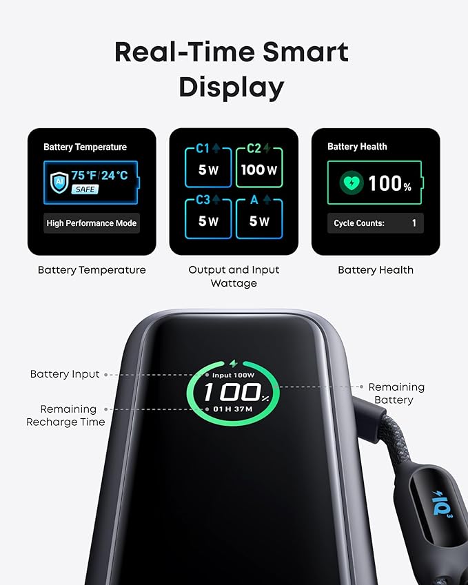 Anker Laptop Power Bank, 25,000mAh Portable Charger with Triple 100W USB-C Ports, Built-in Retractable Cables, Flight-Approved for Travel, iPhone 17/16 Series, MacBook, Samsung, and More