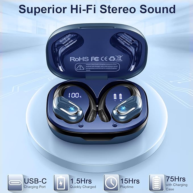 Wireless Earbuds, Sport Bluetooth 5.4 Headphones 2026 New Bluetooth Earbuds with 75Hrs Stereo, 4 ENC Mic, Noise Canceling Over-Ear Buds with Earhooks, IP7 Waterproof Earphones for Workout/Running/Gym