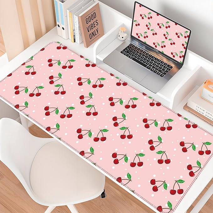 Desk Mat,Big Desk Pad,31.5 x 11.5in Extended Gaming Mouse Pad,Large Mouse Pad for Desk Rubber Base Mousepad with Stitched Edges,Keyboard Mouse Mat for Work Game Office Home - Cute Cherry