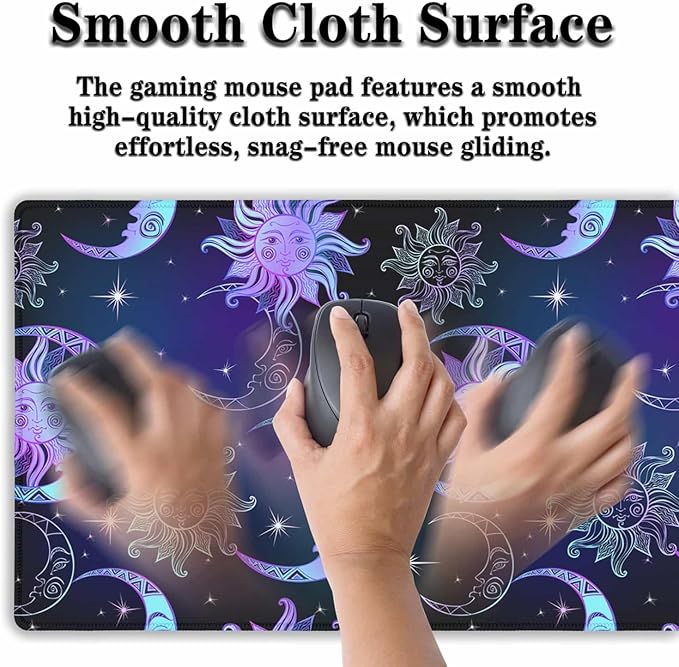 Gaming Mouse Pad Purple Desktop Mat Extra Large Mouse Pads Computer Desk Mat Pc Gaming Mat Waterproof Non-Slip Rubber Base 35.4" X 15.7" for Game Office, Magical Sun and Moon Stars