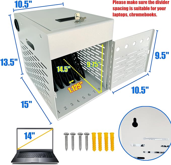 8-Device Tablet Charging Station, Lockable Steel Case Fits 14" Chromebooks, iPads, Laptops & Tablets, Secure Storage with 2 Keys, Ideal for Classrooms, Offices & Hospitals, White
