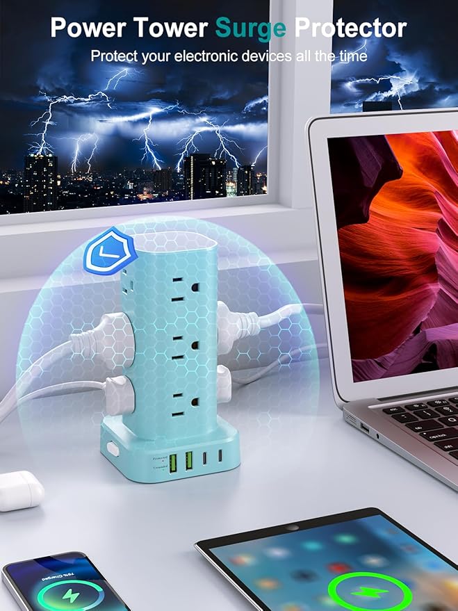 Power Strip Tower with Multiple Outlets, Flat Plug Surge Protector Tower Extension Cord with 12 AC Outlets 4 USB Ports (2 USB C), 6FT Cord Power Tower Surge Protector for Home Office Dorm Room, Blue