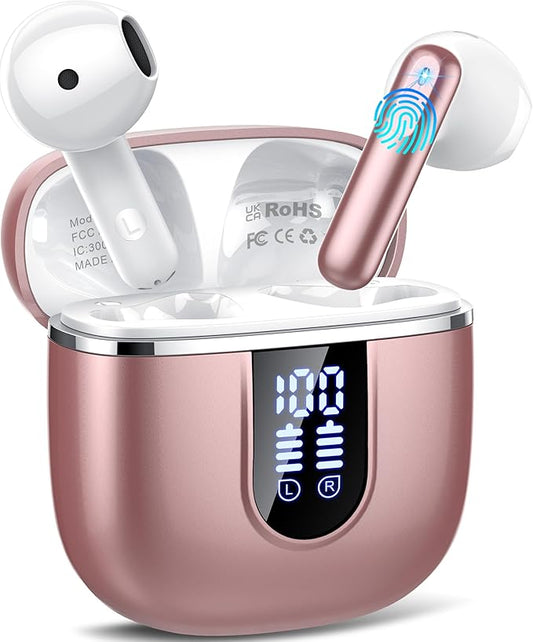 Wireless Earbuds, Bluetooth 5.4 Headphones with 3D Bass Stereo, 40H In-Ear Buds with 4 ENC Noise Cancelling Mic, Ultralight Bluetooth Earbuds USB-C LED, IP7 Waterproof Earphones for Android iOS, Rose