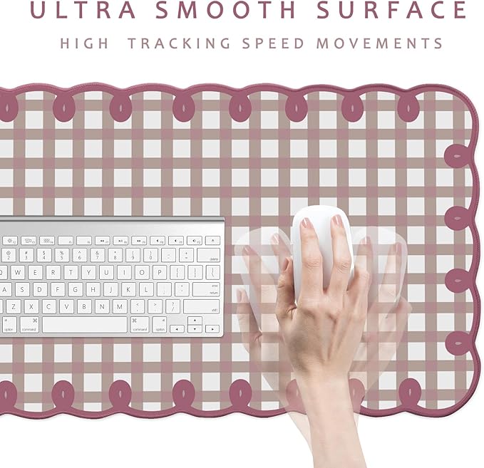Cute Purple Pink Scalloped Desk Mat Kawaii Pastel Retro Checkered Large Mouse Pad Aesthetic Vintage Cozy Office Desk Decor for Women Girl Stitched Pad for Computer Keyboard & Mouse 31 * 15.7in