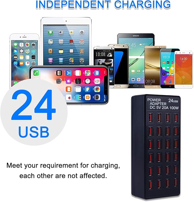 24-Port 100W (20 A) USB Charging Station, Home-Sized Desktop USΒ Fast Charger, Multiple USB Desktop Chargers for Hotels, Schools, Shops, Shopping malls and Travel