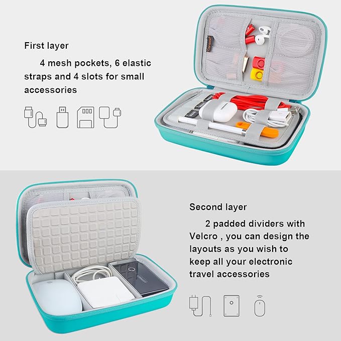 Hard Electronic Organizer Travel Case Electronics Accessories Cable Gadget Wire Storage Bag Double Layer Shockproof Box for Charger, Cord, Flash Drive, Apple Pencil, Power Bank, Turquoise