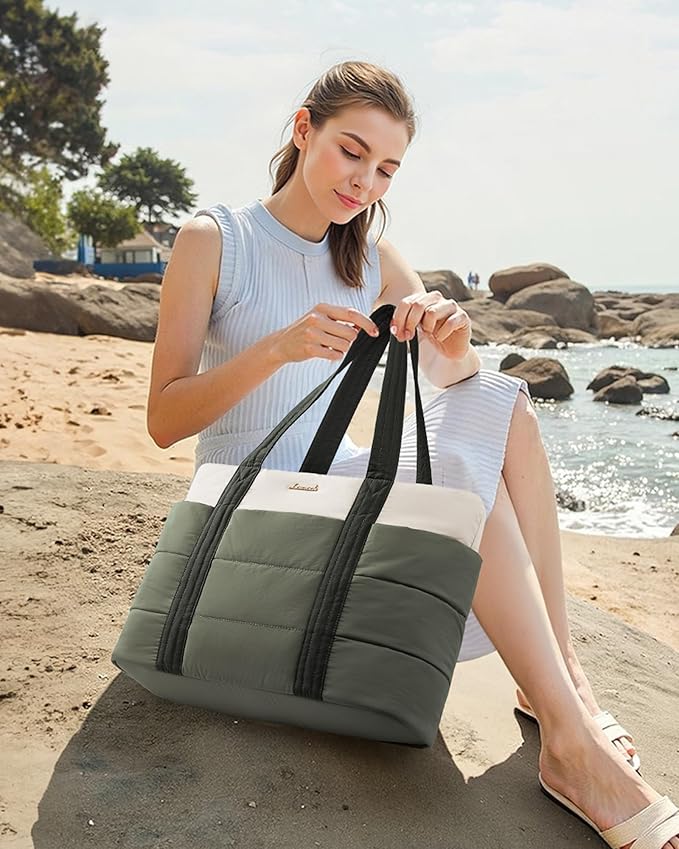 LOVEVOOK Tote Bag for Women, Large Puffer Work Tote Laptop Bag, Lightweight Travel Tote Bag with Zipper Gifts for Women