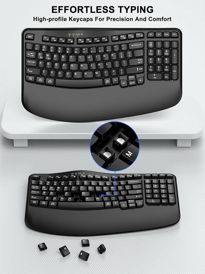 Ergonomic Wireless Keyboard with Wrist Rest, Wave Keys, Comfortable Natural Typing, 2.4GHz Ergo Wireless USB Computer Keyboard for Large Hands, Windows, Mac, Laptop, PC