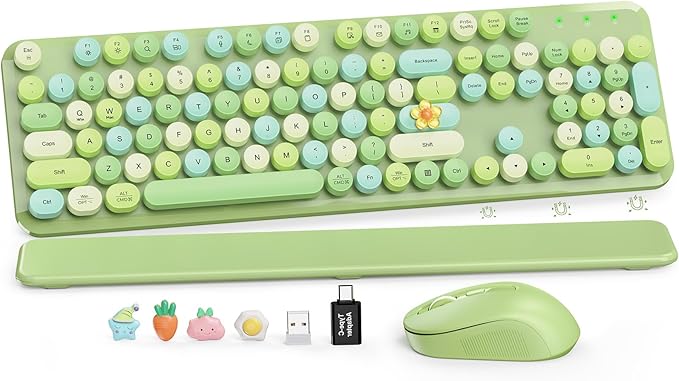 Wireless Keyboard and Mouse Combo, Cute Retro Typewriter Keyboard with Round Keycaps and Magnetic Wrist Rest, Full-Size 2.4GHz Cordless for Mac, Windows PC, Laptop, SABLUTE CK23, Green Multi-Color