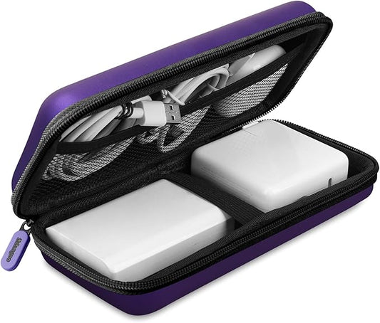 iMangoo Travel Essential Electronics Organizer Charger Case, Shockproof Dual Zipper Power Bank Cables Tech Accessories Pouch Purse, Men & Women Travel Must Have Storage Bag, 8.5x4.5x2 inch Purple