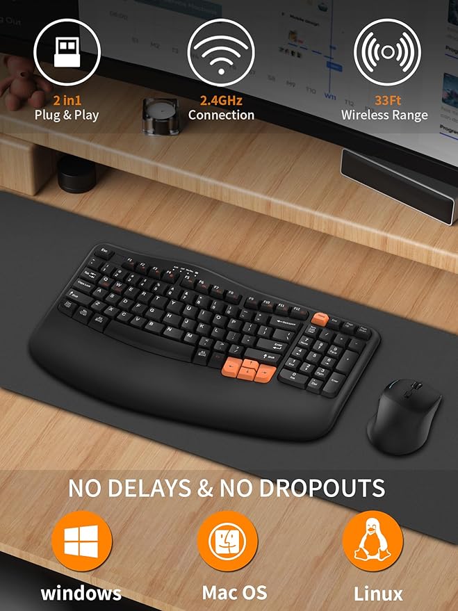 RECCAZR Ergonomic Wireless Keyboard with Wrist Rest, Wave Keys for Comfortable Natural Typing, 2.4GHz Ergo Wireless Computer Keyboard for Windows, Mac OS Laptop/PC/Notebook (Black&Orange)