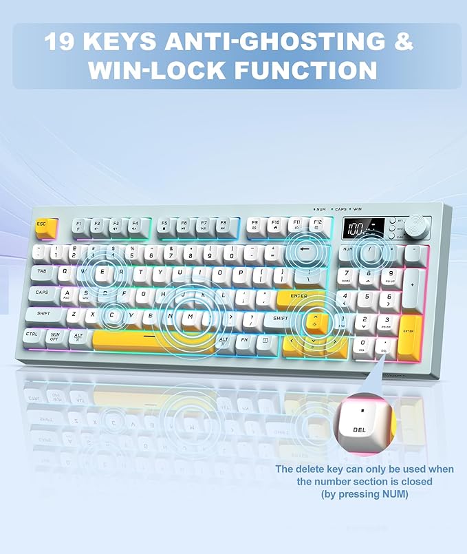 Wireless Keyboard Creamy Membrane with Rainbow Backlight,3-Mode Connectivity (BT/2.4G/USB-C) with LCD Screen & Multifunction Knob,200H Battery, 94 Key PBT Keycaps, Quiet Typing for Office/Home/Gaming