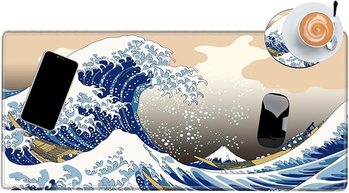 Gaming Mouse Pad Japanese Sea Wave Mousepad 24x12 Desk Pad XL Ocean Desk Mat Long Extended Computer Mat Non Slip Base Big Mouse Mat for Wireless Mouse Laptop Office