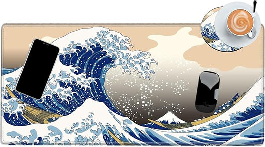 Gaming Mouse Pad Japanese Sea Wave Mousepad 24x12 Desk Pad XL Ocean Desk Mat Long Extended Computer Mat Non Slip Base Big Mouse Mat for Wireless Mouse Laptop Office