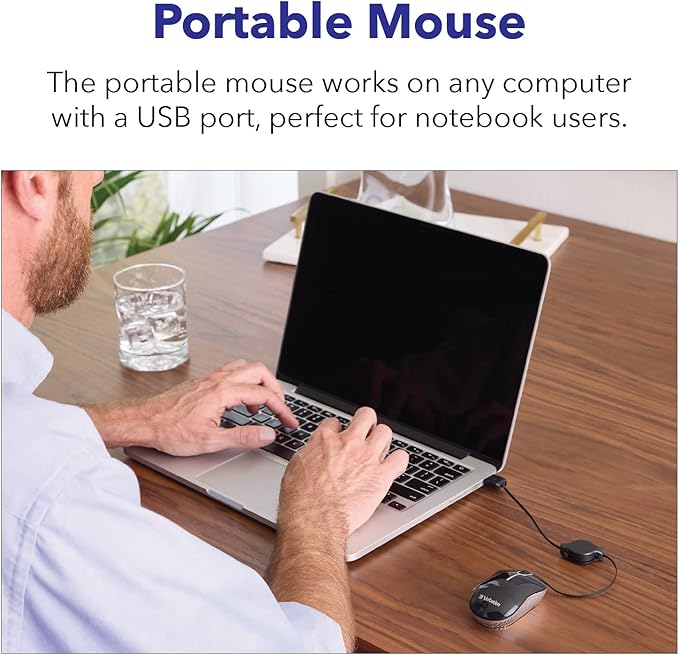 Verbatim Wired Optical Computer Mini USB-A Mouse - Plug & Play Corded Small Travel Mouse with Retractable Cable ?€? Blue 98616