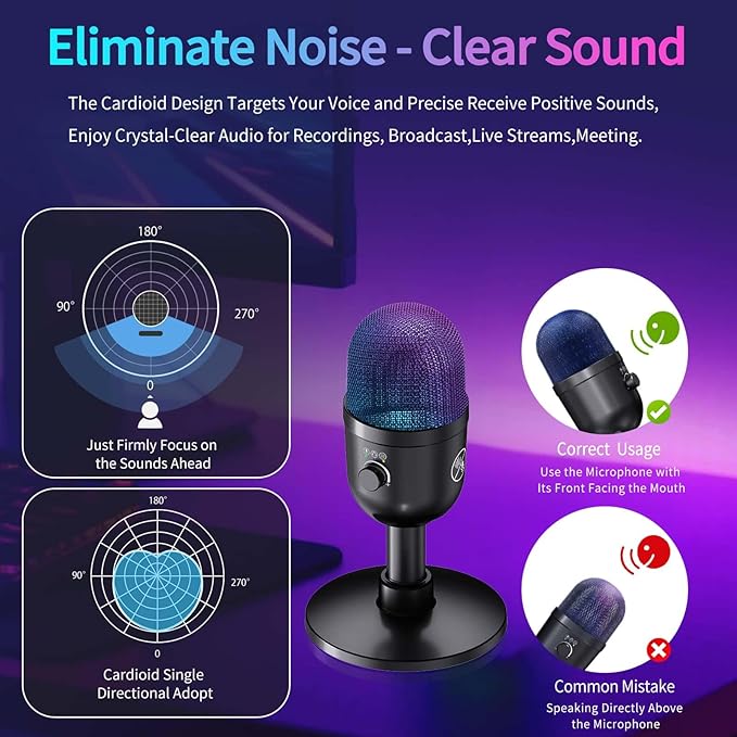 USB Gaming Condenser Microphone for PC/Desktop,192kHz/24Bit,Noise Cancellation,Monitoring,Quick Mute & RGB Lighting,USB PC Mic for Laptop,Podcast,Streaming,Recording Black