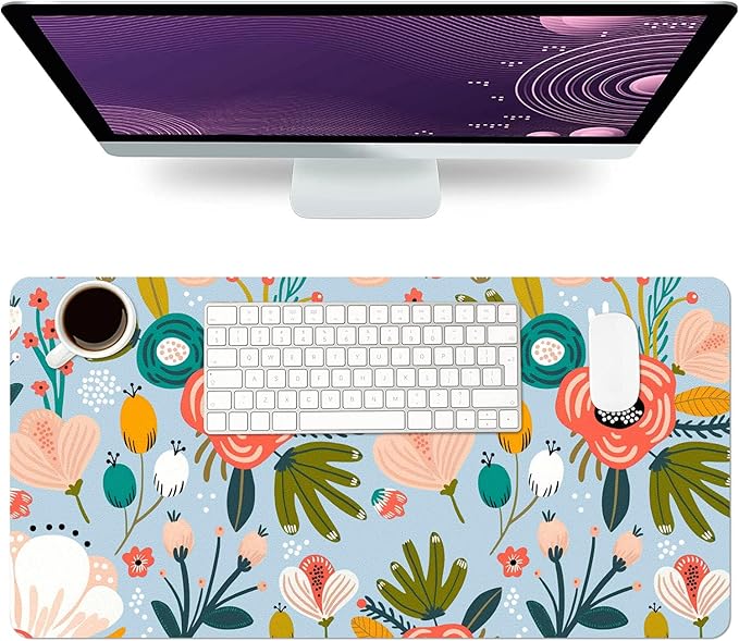 Desk Mat Large Protector Pad 27.5" ×13.8", Non-Slip PU Leather Desk Blotter, Waterproof Mouse Pad for Office Home Blue Floral