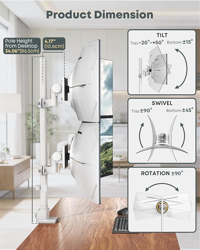 Dual Monitor-Arm Heavy Duty Ultrawide - 24-57 inch Vertical Dual Monitor Mount, Adjustable Stacked Double Monitor Desk Mount Stand, Max Load 59.4 lbs (per Arm), VESA 75/100 mm, White