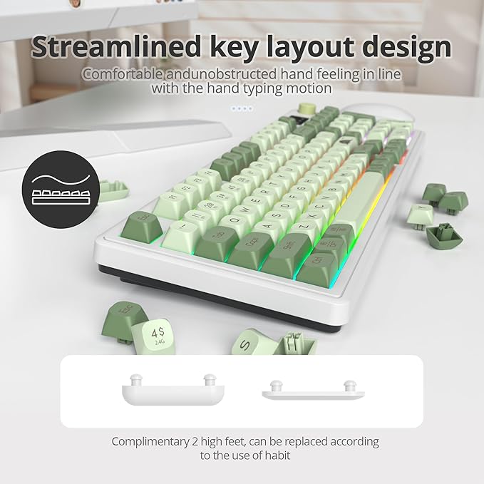 96% Wireless Keyboard with Number Pad and Knob,3-Modes Wired/Bluetooth 5.0/2.4G 98 Keys ABS Ball Caps RGB Quiet Mechanical Feel Membrane Gaming Keyboard for Win/Mac（Matcha）