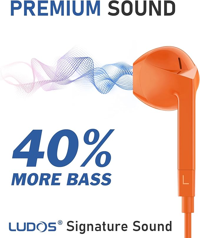 LUDOS FEROX Wired Earbuds in-Ear Headphones, 5 Year Warranty, Earphones with Microphone, Noise Isolation Corded for 3.5mm Jack Ear Buds for iPhone, Samsung, Laptop, Kids, School Students - Orange