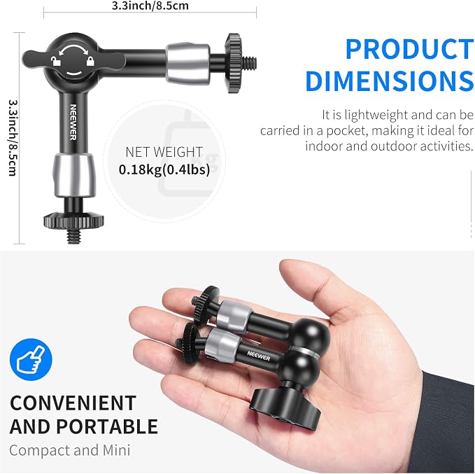 NEEWER 5.9"/15cm Adjustable Friction Magic Arm with 1/4" Screw on Both Ends, Compatible with SmallRig Cage, Flash/LED Light/Microphone/Monitor/SuperClip, Max Load 4.4lb/2kg, ST15 - Image 7