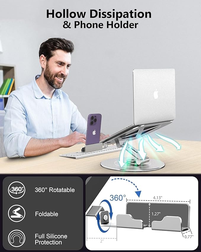 LOXP Laptop Stand with Phone Holder, Adjustable Laptop Stand, Aluminum Computer Mount Holder, Ergonomics Laptop Riser for Desk, Lectern Stand Fits MacBook, up to 17.3" All Notebooks Silver