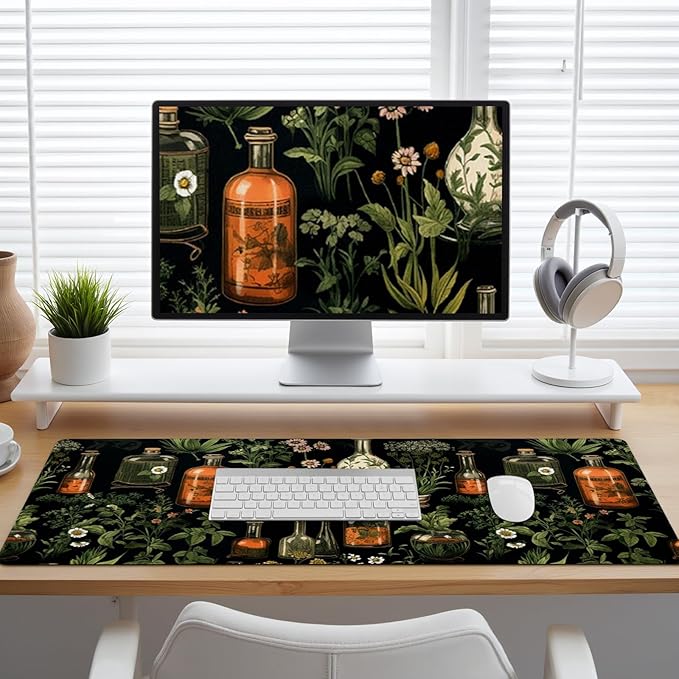 Mystical Green Plants Desk Matt for Desktop, DeskMat Pad, Desk Mat for Keyboard and Mouse, Large Mouse Pad for Desktop, Anti-Slip Stitched Edges Big Mousepad, Mouse Mat for Computer, Botanical Pattern