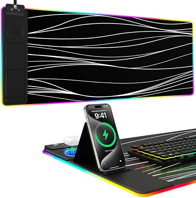 Mouse Pad with Foldable Phone Holder, Wireless Charging Desk Mat, RGB Gaming Mousepad Large Desk Pad with Non-Slip Base, Waterproof Keyboard Pad, Classic Black (XXL Stand Wavy)