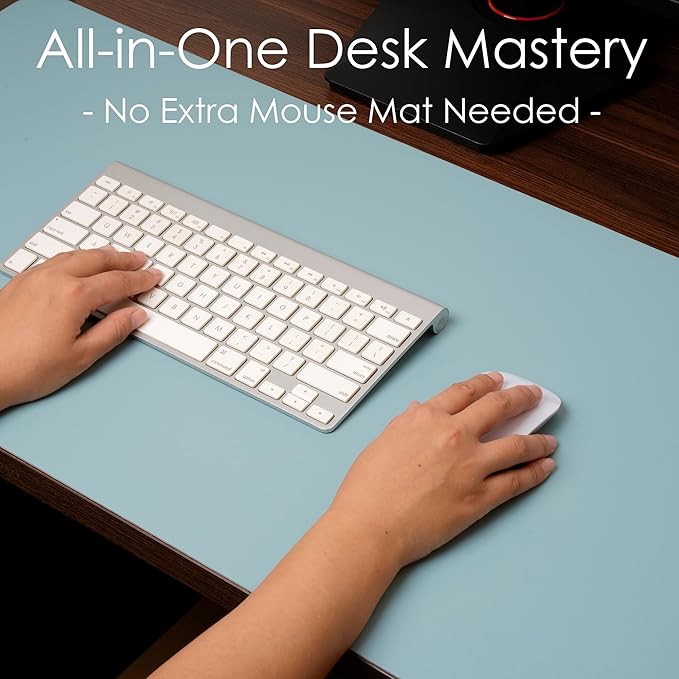 WAYBER Leather Desk Pad Protector, Waterproof Mouse Pad, PU Desk Mat, Office Desk Cover, Desk Writing Mat for Office/Home/Work/Cubicle (Light Blue/Silver) 35.4 x 17in