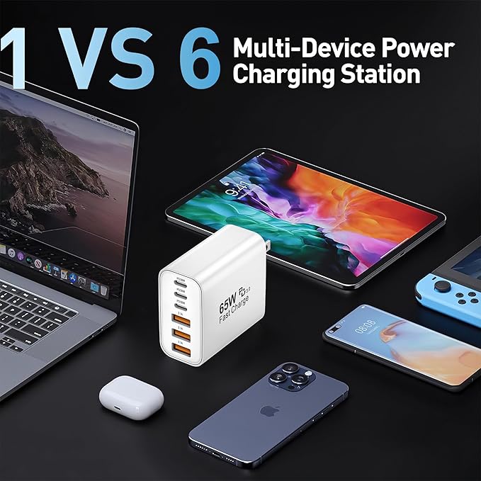 USB C Charger Block,65W 6-Port USBC Charging Block,Wall Charger iPhone Charger Fast Charging,Multiport Type C PD+QC Power Plug for All iPhone 17 16 15 iPad Samsung S23 S24 iWatch Pixel Series (White)