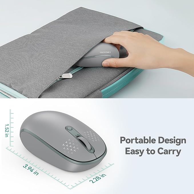 TECKNET Wireless Mouse, 2.4G Quiet Computer Mouse with USB Receiver, 4 Buttons Portable Cordless Mice for Chromebook, Laptop, PC, Mac, 800/1200/1600 DPI - Grey