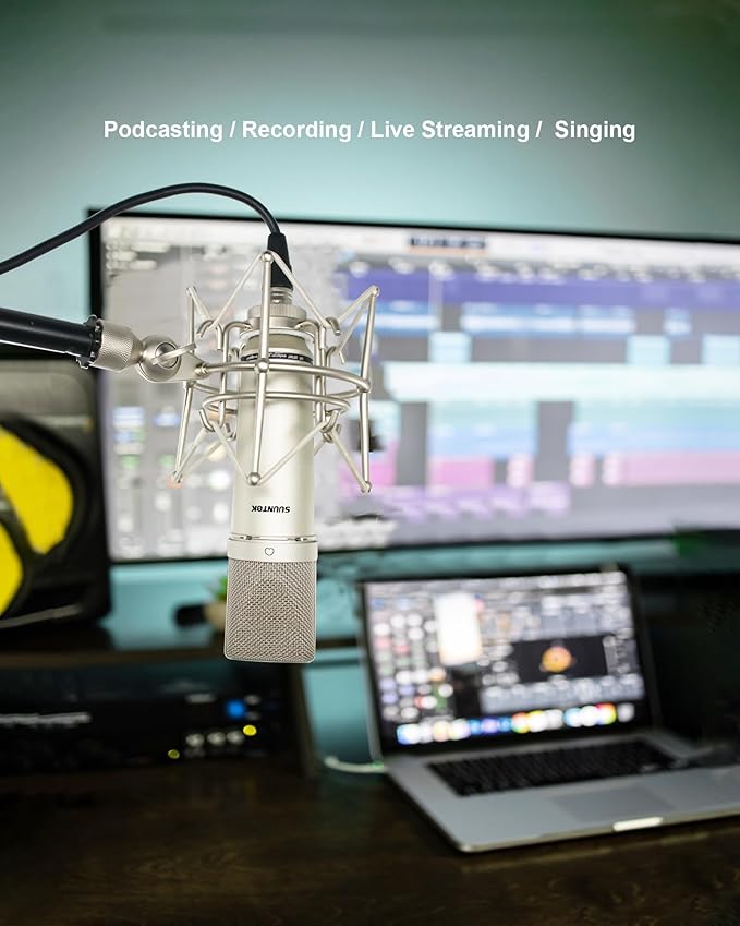 XLR Microphone, Professional Condenser Microphone with 34mm Large Diaphragm, Cardioid Studio Recording Mic Computer Gaming PC TM87KB Mic Kit for Singing, Podcasting, YouTube (Silver)