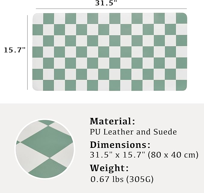 Checkered Desk Mat, Large Cute Aesthetic Retro PU Leather Computer Laptop Desk Mat, Non-Slip Waterproof Mouse Keyboard Pad, Desk Writing Mat for Work/Home (Sage, 31.5" x 15.7")