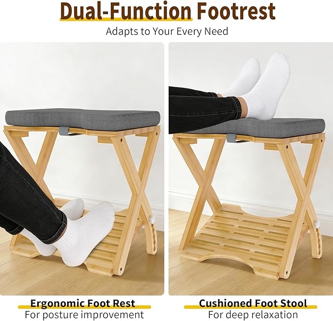 Double Step Foot Rest Under Desk at Work, Bamboo Foot Stool with 6 Adjustable Heights, Ergonomic Under Desk Footrest with Cushion for Home, Office & Gaming (Natural Color)