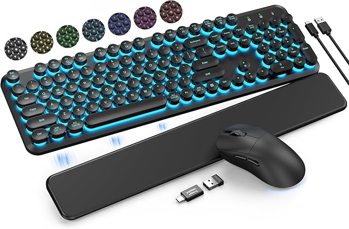 Wireless Keyboard and Mouse Backlit - Typewriter Keyboard with Magnetic Wrist Rest, Retro Round Keycaps, Light Up Letters, 2.4GHz Cordless Combo for Mac, Windows, PC, Laptop, Trueque CK24 [Upgraded]