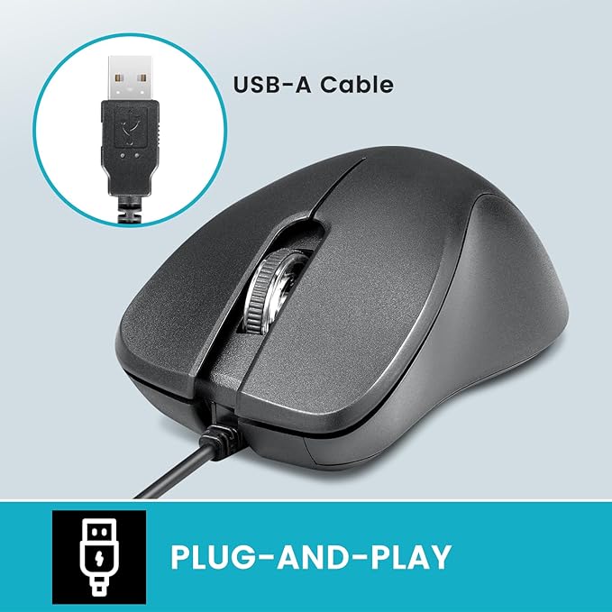 Perixx PERIMICE-221U Wired Ergonomic USB Mouse - 4.9 Ft Cable - Optical 1000 DPI Design - Black?€??€?
