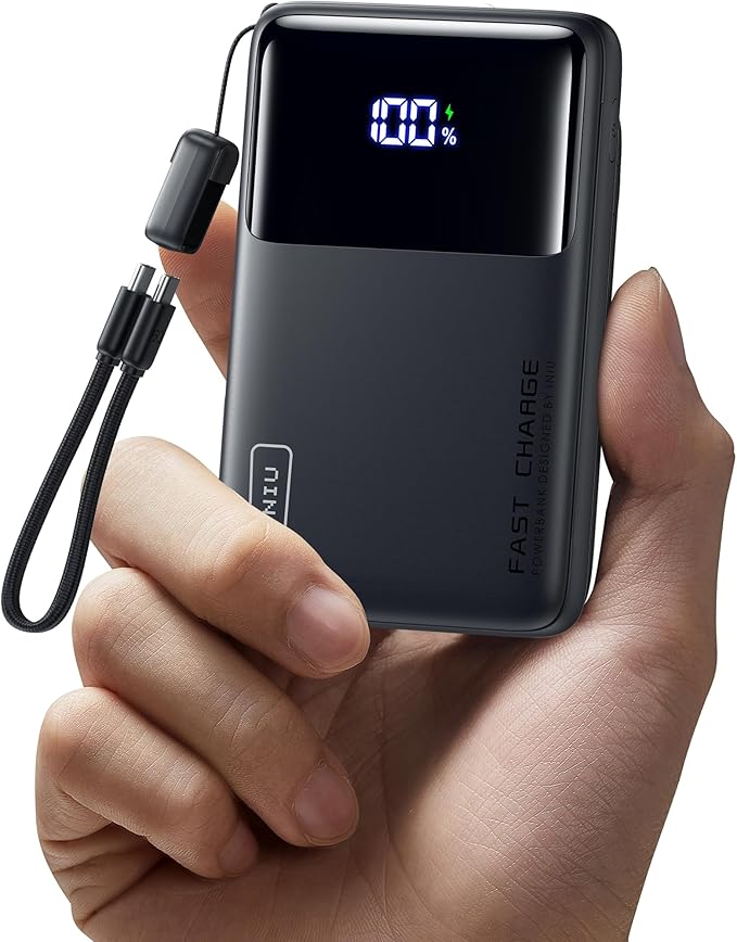 INIU Small Portable Charger, 45W PD Fast Charging 10000mAh Power Bank, Battery Pack with Attached USB C Cable, Travel Essentials Powerbank for iPhone 17 16 15 14 Pro Air, Xiaomi, Samsung S25 S24 etc