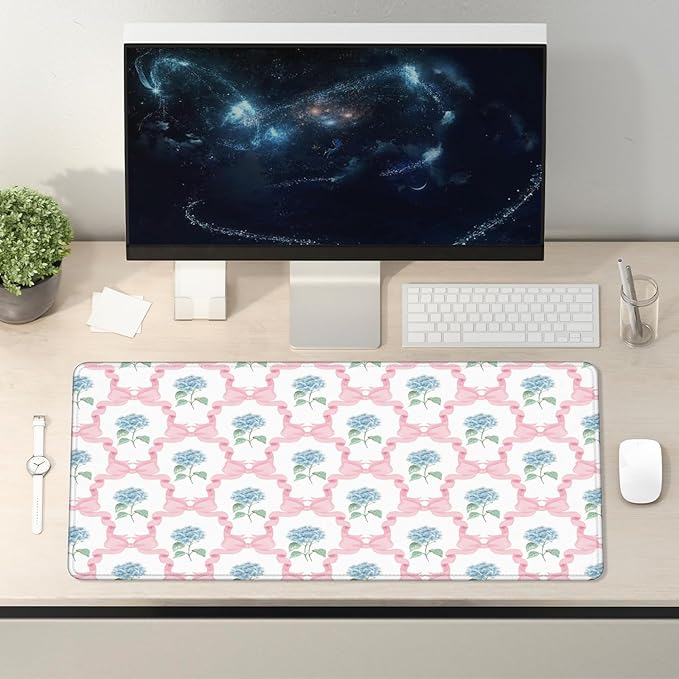 Blue Hydrangea Large Mouse Pad 31.5x15.7inch, Trendy Coquette Pink Bow Flower Aesthetic Large Extended Computer Desk Mat Mousepad for Keyboard and Mouse, Preppy Desk Accessories