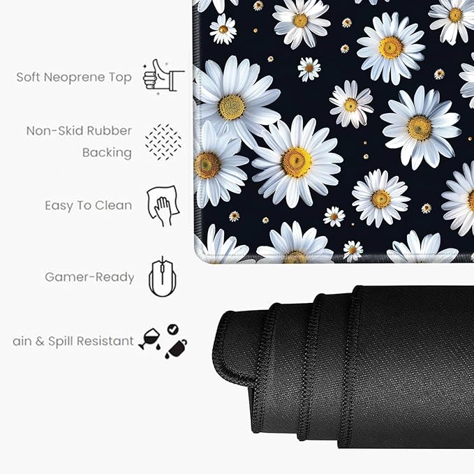 Large Mouse Pad Gaming Desk Pad Daisy Mousepad for Wireless Mouse XXL 31.5''X15.75'' Big Desk Mats Extended Mouse Mat of Girl Desktop Computer with Coaster