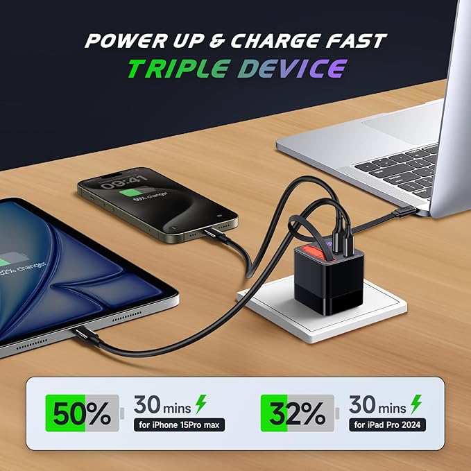 65W Retractable Wall Charger, USB C Charger Block Built-in Type C Cable & Dual Port, PD PPS Fast Charging GaN Power Adapter Travel Charger for MacBook,Lenovo IdeaPad,iPhone 16 Pro Max,Galaxy S24