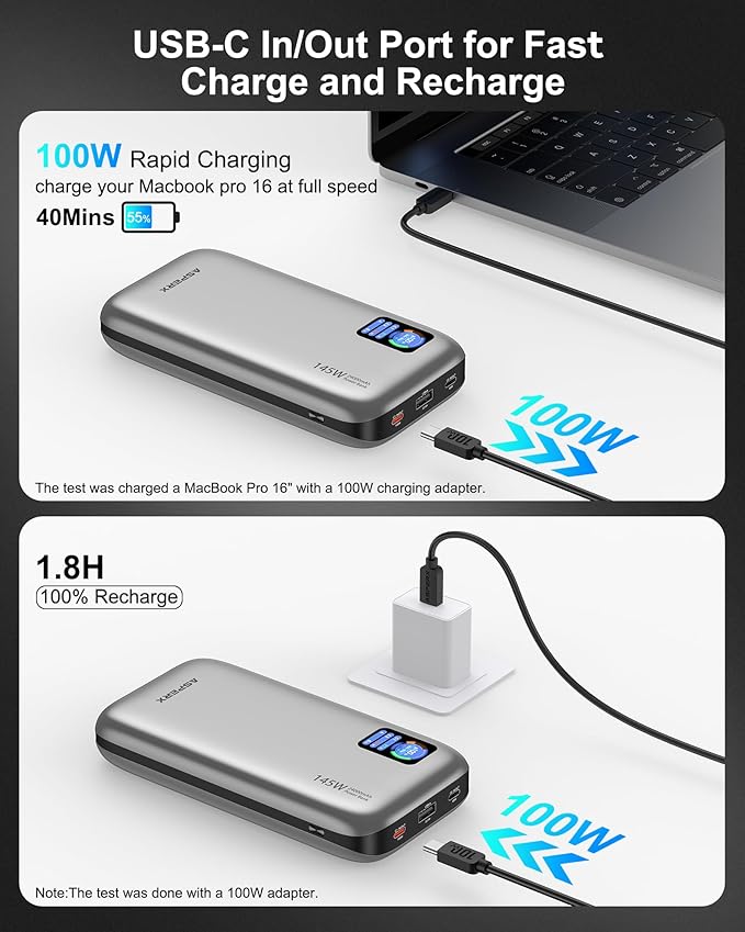 AsperX Laptop Power Bank,24,000mAh 145W PD 3.1 Fast Charging Portable Charger, TFT Smart Display USB C Battery Pack(86.4Wh) for MacBook/iPhone 16/Dell XPS/Galaxy S25/Steam Deck/ipad (Flight-Approved)