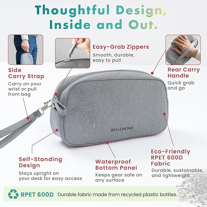 BELLEMOND「Totono+」| Cord Organizer Tech Pouch | Travel Electronics Organizer Case for Cables & Chargers | Hidden AirTag Slot & Cable Pass-Through | Designed in Japan | Charcoal Gray