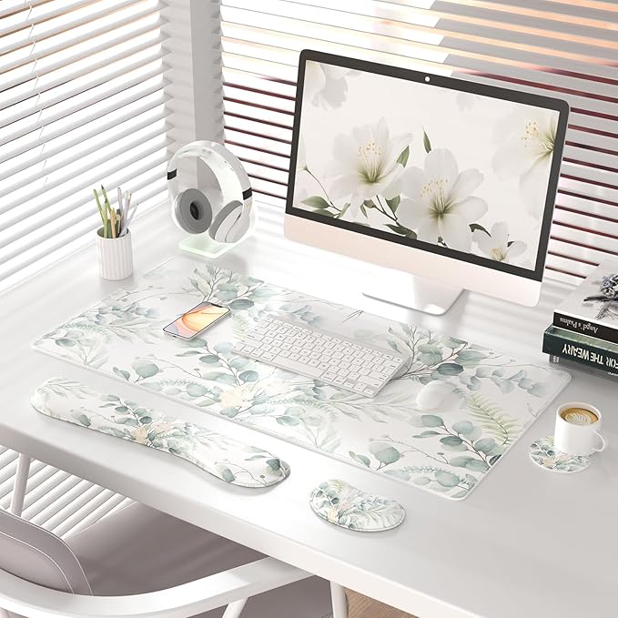 QIYI Leather Desk Mat Set, 4-in-1 Large Mouse Pad with Wrist Rest, Non-Slip Desk Pad + Keyboard Wrist Rest + Mouse Wrist Support + Coaster, Office Desk Accessories Home Decor Supplies, Eucalyptus Leaf