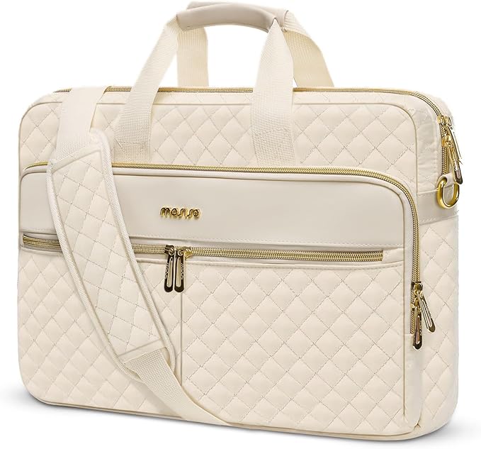 MOSISO 15-16 inch Laptop Bag, Laptop Briefcase Messenger Compatible with MacBook Pro 16/Air 15, HP, Dell, Lenovo, Square Quilted Computer Bag Work Office Business with 3 Pockets&Strap, Beige
