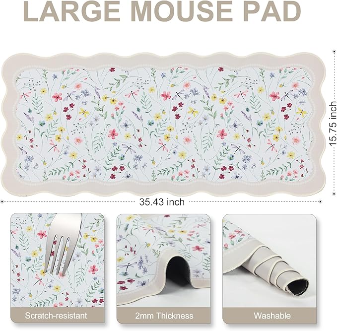 L-SPOUTTO Floral Mouse Pad,Botanical Desk Mat XXL Large Scalloped Gaming Mousepad,35.4x15.7in Non-Slip Keyboard Pad Waterproof Desktop Mat for Laptop Computer Work Game Home Office-Wild Flowers