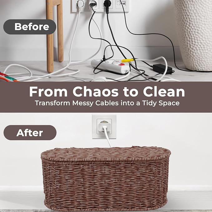 Cable Management Box, Handmade Rattan Cable Organizer, 2 Open Slots Cords Hider Box, Under Desk Cord Organizer for Computer Router USB Hub & Power Strip, Patent Pending, 15.9" x 6.5" x 6.5", Brown - Image 5