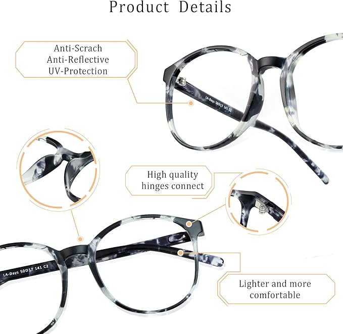 LifeArt Round Blue Light Blocking Glasses, Computer Glasses, Gaming Glasses, TV Glasses for Women Men (Gray, 6.00 Magnification)